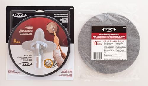 Hyde 9-Inch Radial Sander Kit with 10-Pack Sanding Discs, Sanding Net, 240 Grit - Large Area Pivoting Hinge, Drywall Sanders with Fast Change Hook and Loop, Lightweight