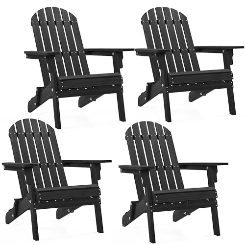 Yaheetech Folding Adirondack Chair Set of 4 Outdoor, 300LBS Solid Wood Garden Chair Weather Resistant, Fire Pit Lounge Chairs for Garden/Yard/Patio/Lawn, Black