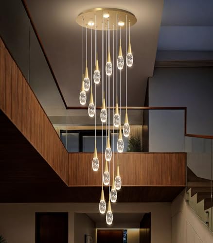 18-Lights 138 Inches Modern Chandelier LED Light Fixtures High Ceiling Long Light Chandelier for Entrance Foyer Dimmable Lights with Remote Living Room Ceiling Pendant Lighting Drop Lights Shine Gold