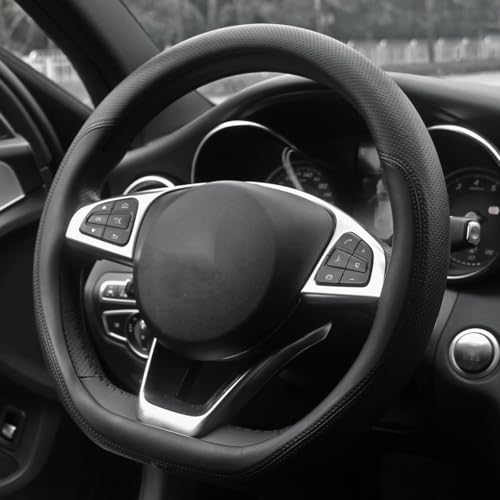 Mihecor D Shaped Steering Wheel Cover, Flat Bottom Car Wheel Cover 14 1/2-15 inch (37-39 cm), Breathable Microfiber Leather, Black