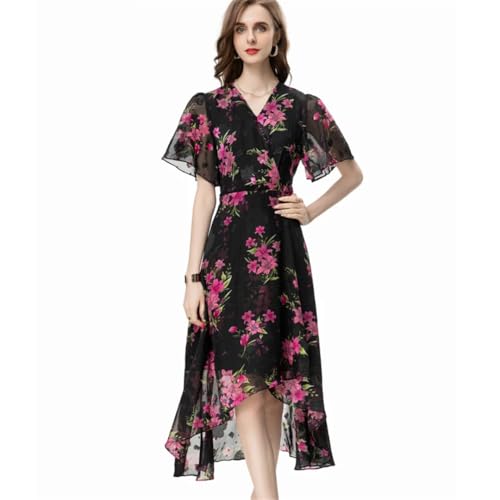 Womens Runway Dresses V Neck Printed Short Sleeves Printed Mid Dress Multi M