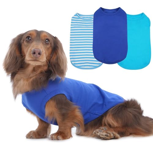 3 Pack Blue Striped Dog T-Shirt for Small Dogs,Medium Sleeveless Lightweight Tee Shirt for Summer Outdoor Spring Picnic Sun Protection,Cozy Dachshund Clothes(Blue,M)