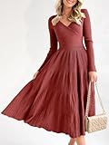 Saodimallsu Womens V Neck Midi Sweater Dress Wrap Long Sleeve Pleated A Line Fit Flare Elegant Knit Maxi Dress Wine Red