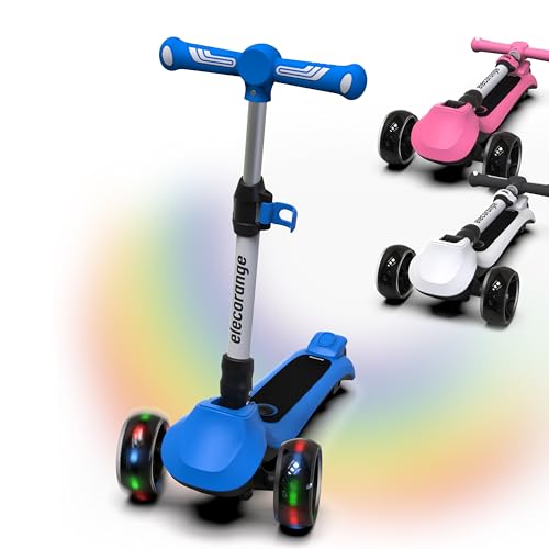 Elecorange T200 Electirc Scooter for Kids, Light Up Big LED Wheels, Flashing Deck, Adjustable Heights, 3 Wheeled Scooters, Balance Training Scooter for Kids 3-7, 4-6, 3+, Blue