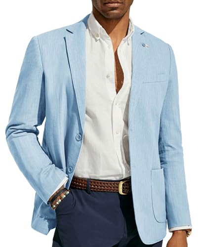 PJ PAUL JONES Mens Linen-Cotton Blazer Regular Fit Two Buttons Sport Coats Lightweight Summer Blazer Jacket Light Blue XL