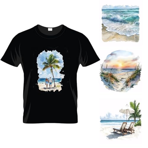 SUPERDANT 4 Styles Beach Heat Transfer Waves Ocean Scenery Iron-On Transfers Plastic Stickers Iron On Tshirt Transfers Clothing Iron on Decals for T-Shirt Canvas Bags Jackets DIY Crafts