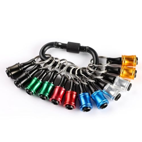 Katerk 12pc Portable Bit holder Key chain, 1/4 inch Hex Shank Screwdriver Bit Clip for Impact Driver Drill Bit Extension Nut Driver W/Black Carabiner, Quick Release Lightweight Drill Screw Adapter