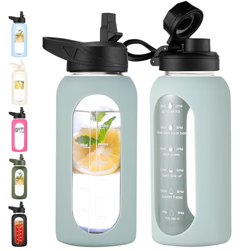 CIVAGO 32 oz Glass Water Bottle with Straw and Handle, Large Sports Motivational Water Bottle Flask with Time Marker and 2 Lids, Leakproof Water Jug Canteen with Silicone Sleeve for Gym,Sage…