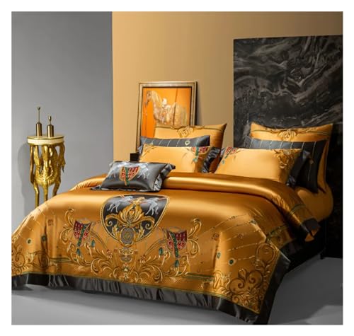 YUSIWOAL European Aristocratic Gold Vintage Brocade Egyptian Cotton Embroidered Luxury Bedding Set Quilt Cover Bed Linen Bedspread,Summer Duvet Cover sets(A,King Size 4pcs)
