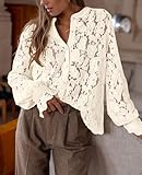 PRETTYGARDEN Women's Dressy Casual Lace Blouse Long Sleeve Button Up Shirts Tops Fall Fashion Clothes (Beige,Large)