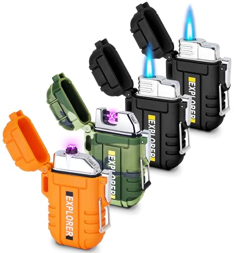 4 Pack Waterproof Lighter Outdoor Windproof Torch Lighters Dual Arc Lighters Butane Electric USB Rechargeable Flameless Plasma Lighter Camping Hiking Adventure Survival Tactical Gear