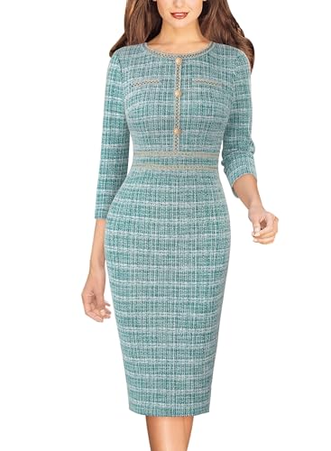 VFSHOW Womens 2024 Tweed Business Button Crew Neck Fitted Wear to Work Office Patchwork Pencil Sheath Dress (Teal Green, Large) 11406 GRN L
