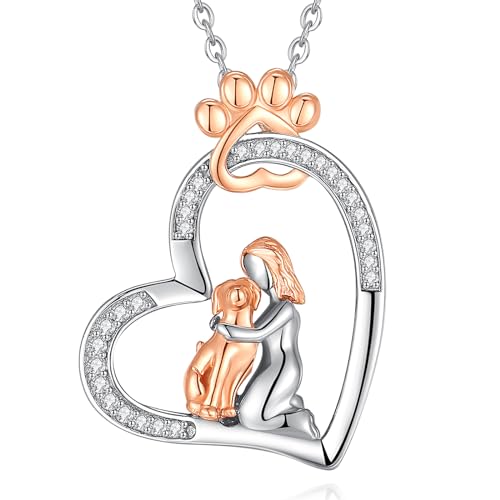INFUSEU Dog Necklace for Women Sterling Silver Paw Print Jewelry Pet Gifts for Animal Lovers Owner Puppy Labrador Golden Retriever Beagle Heart Pendant Rose Gold 925