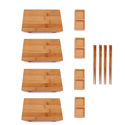 BambooMN Bamboo Sushi Plate/Tray, Chopsticks and Compartment Sauce Dish, 8.3" Rectangle - 4 Sets