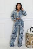 Molilove Women's Two Piece Denim Outfits Long Sleeve Cropped Jean Jacket Cargo Pants with Pockets Y2K Tracksuit Set