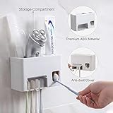 Houvillage Toothpaste Dispenser Toothbrush Holder Set, Toothpaste Squeezer Tooth Brush Holder Set Holder with Anti-dust Cover, 3-in-1 Wall Mounted Holders with 1 Storage Grids Bathroom Accessories