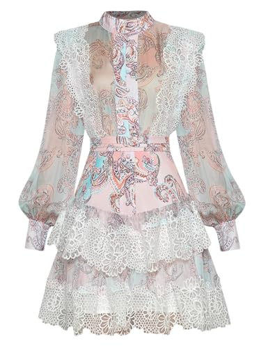 Women Runway Skirt Suit Ruffles Long Sleeve Print Shirt and High Waist Mini Skirt 2 Pieces Set Multi Color S