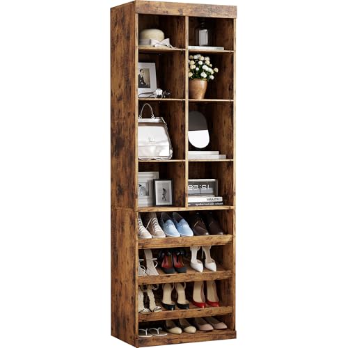 IRONCK Closet Shoe Organizer Cabinet with Shelves and Cubbies, Narrow Footwear Shoe Rack Storage Organizer for Closet for Bedroom, Entryway, Mudroom, Vintage Brown