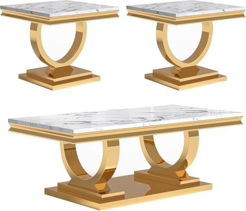 Modern Marble Coffee Table Set of 3, Luxury Marble Living Room Table Set Includes 1 Coffee Table, 2 End Table for Living Room, White Faux Marble Top with Gold Stainless Steel Base