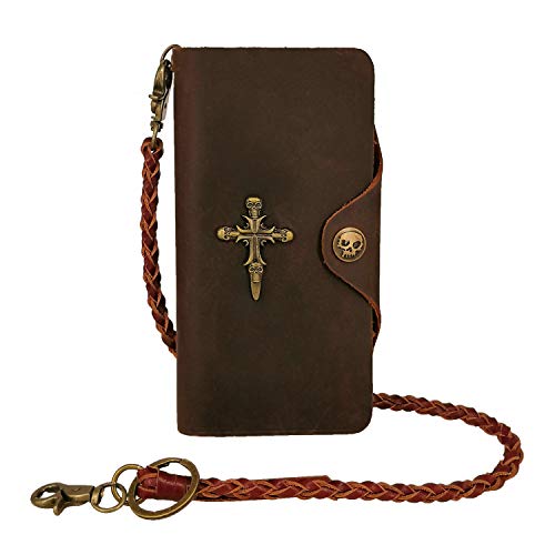 ABC STORY Mens Retro Top Concho Rodeo Long Skull Full Grain Leather Chain Trucker Biker Wallet Brown