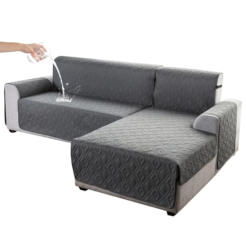 Genina Waterproof Sectional Couch Covers for Dogs L Shaped Sofa Covers Chaise Lounge Cover Reversible Couch Covers for Sectional Sofa Furniture Protectors Cover for Pets, Kids (Dark Gray, X-Large)