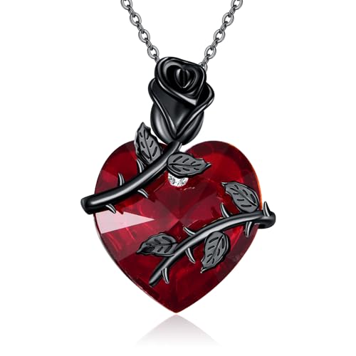 AXOMY Black Rose Necklace 925 Sterling Silver Red Heart Pendant Gothic Jewelry for Women