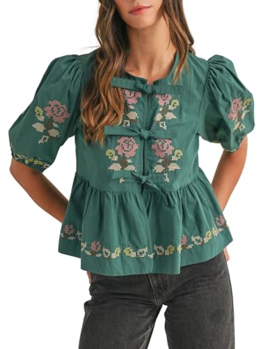 Joiemont Womens Short Puff Sleeve Floral Embroidery Poplin Front Self Tie Detail Peplum Top Blouse(0651-Green-M)