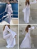 ZGMYC Women's Sexy Backless See Through Maxi Dress Bathing Suit Cover Up Knit Flared Long Sleeve Beach Dress Bikini Coverups