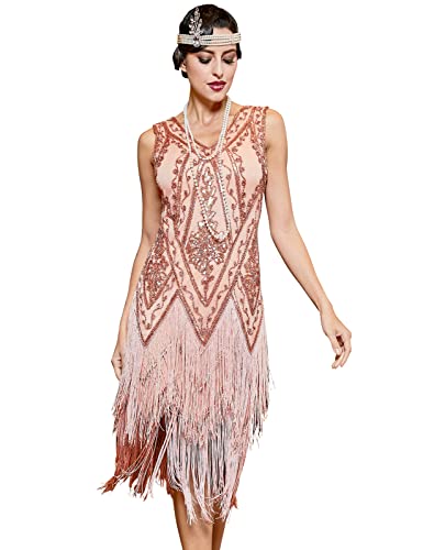 PrettyGuide Women's 1920s Flapper Dress Plus Size Vintage Swing Fringed Cocktail Dress Rose Gold 3XL