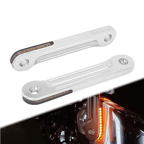 HCmotorku Motorcycle Front LED Flush Fork Turn Signals Light Running Light Brackets Fit for Harley Touring Road King Street Gilde Electra Glide 1998-2023 Chrome