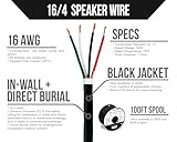 Voltive 16/4 Speaker Wire - 16 AWG/Gauge 4 Conductor - UL Listed in Wall (CL2/CL3) and Outdoor/In Ground (Direct Burial) Rated - Oxygen-Free Copper (OFC) - 100 Foot Spool - Black