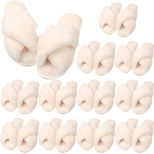 VAIPI 12 Pairs Womens Cross Band Fuzzy Slippers Bulk Plush House Slippers Bridesmaid Bridal Party Slipper Soft Warm White Open Toe Fluffy Slipper (8.5-9.5)