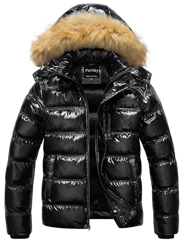 Pursky Men's Winter Coats Men Bubble Coat with Hood Fleece-Lined Parka Detachable Pockets Shiny Black S