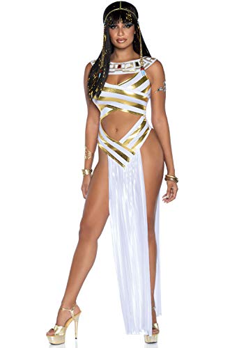 Leg Avenue Women's 2 PC Egyptian Goddess, includes striped cut-out dress with ornate jeweled collar and pleated panel satin skirt, and matching beaded head piece, XS