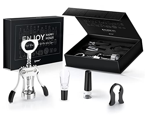 IPOW Wine Opener Gift Set-Zinc Alloy Wing Corkscrew, Foil Cutter, Aerator and Vacuum Stopper, Accessories Kit for Women, Men, Wine Lovers