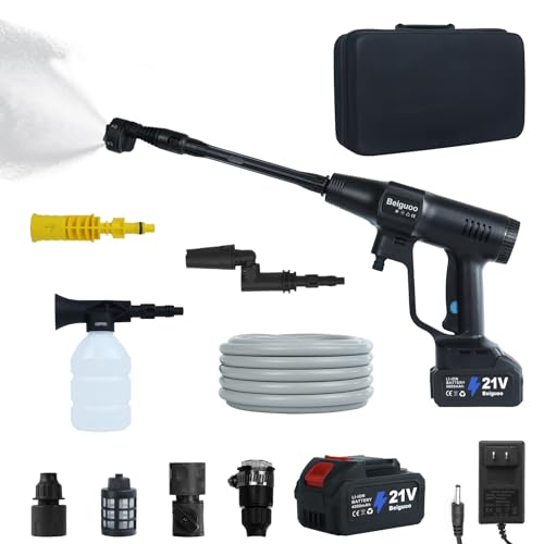 Beiguoo Cordless Pressure Washer 1450 PSI, Cordless Power Washer Gun, 2 4000mAH Battery Operated Power Pressure, Portable High Pressure Washer with 6-in-1 Nozzel for Car/Floor/Fence/Sidewalk, Black