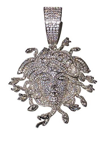Shop-iGold Iced Miami Cuban Chain Necklace Choker Chain 12mm 20 inches long,14k White Gold Finish Cuban Choker, Greek God Medusa Head Pendant, Medusa Charm, Iced Chain Pendant Necklace (Pendant Only)