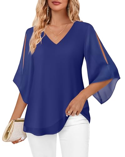 Bebonnie Women Blouses Dressy Casual Tops: Ruffle 3/4 Sleeve V Neck Double Layers - Evening Tunic Tops to Wear with Leggings Electric Blue M