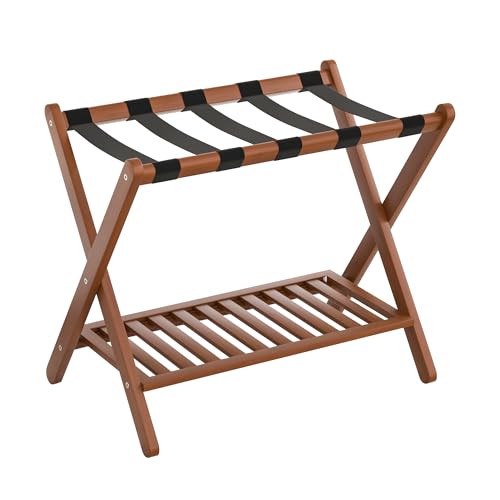 Forevich Luggage Rack Bamboo Folding Suitcase Stand with storage shelf for guest room Living Room Hotel Essentials Heavy-Duty Luggage Holder for suitcases bags shoes Chestnut Brown