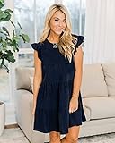 KIRUNDO Casual Dresses for Women 2025 Trendy Summer Sleeveless Ruffle Sleeve Round Neck Loose Short Flowy Pleated Mini Dress (Navy, Large)