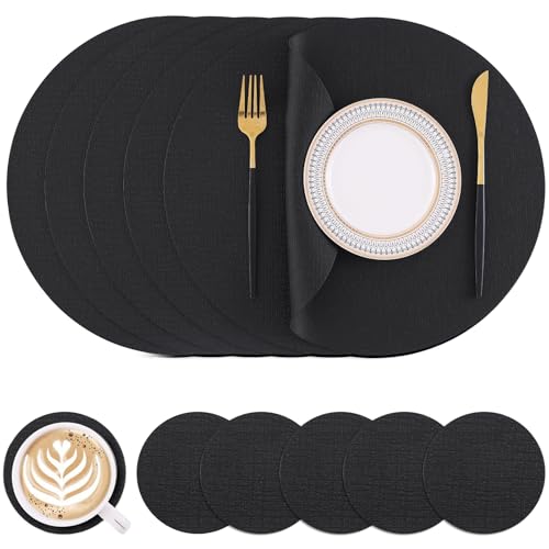 Homaxy Round Faux Leather Placemats and Coasters, Washable Dual-Side Table Mats, Wipeable Heat-Resistant Dining Place Mats for Outdoor and Indoor, Set of 6, Diameter 13 and 3.93 inch, Black