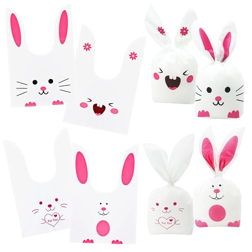 AouEtnay 100 Pcs Easter Rabbit Long Ear Candy Gift Bags, Cute Bunny Easter Goodie Bags Bunny Cookie Snack Bag for Party Favor Supplies