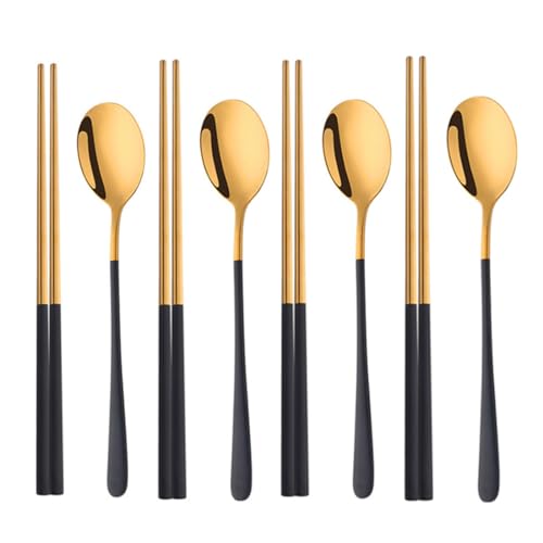 Reusable Korean Chopstick and Spoon Set, Long Handle Stainless Steel Spoon and Chopsticks Set, 4 Sets Metal Chopsticks Dishwasher Safe, Black Gold.