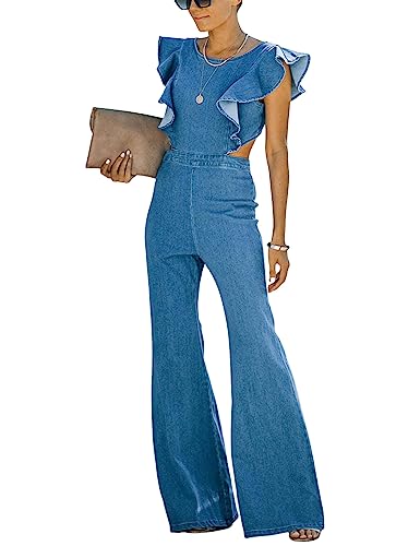 Omoone Womens Flared Denim Overalls Jumpsuit Ruffle Sleeves Backless Stretchy Blue Jean Romper(3219-Blue-S)