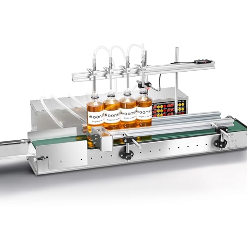 Moonshan 4-Nozzle Automatic Liquid Filling Machine Line 1-30 Ounce Bottle Filling Machine Bottle Filler with 35 Inch Belt Conveyor Desktop Version for Juice Wine Detergent
