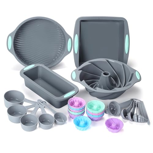 To encounter 45 Pieces Silicone Bakeware Set, Heat Resistant Silicone Baking Pans, Nonstick Silicone Baking Molds for Cake, Bread and Cupcake, with Measuring Cups and Spoons Set, Light Grey