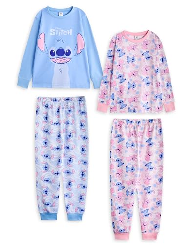 Disney Lilo & Stitch Girls Pajama Set Pack of 2 | Kids Blue & Pink Stitch & Angel Graphic All Over Print Nightwear | Childrens Character Long Sleeve Top & Long Leg PJ Bottoms | Movie Merchandise Gift