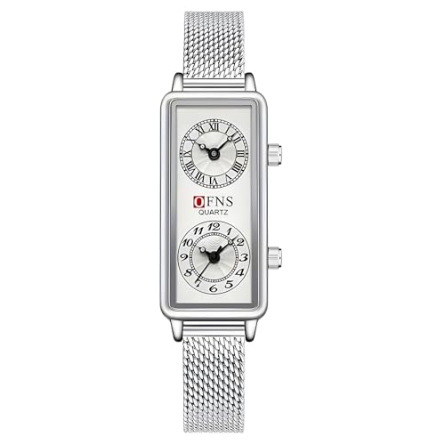 Gosasa Fashionable Women's Quartz Watch, Rectangular Dial with Dual Time Zones, 30m Water Resistant (Mesh Silver)