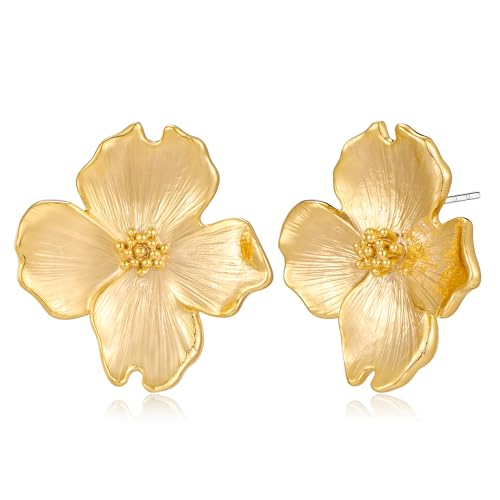 TOVABA Gold Flower Earrings, Dainty 14k Gold Plated Cute Floral Simple Flower Studs Hypoallergenic Gold Earrings for Women Trendy Spring Jewelry