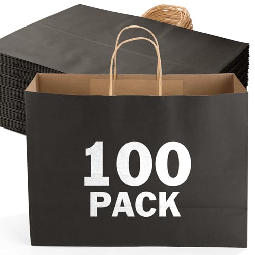 XPCARE 100Pack Kraft Paper Bags with Handles Bulk, 16x6x12 Inch Black Paper Bags, Kraft Shopping Bags for Small Business Merchandise,Wedding Party Favor Bags